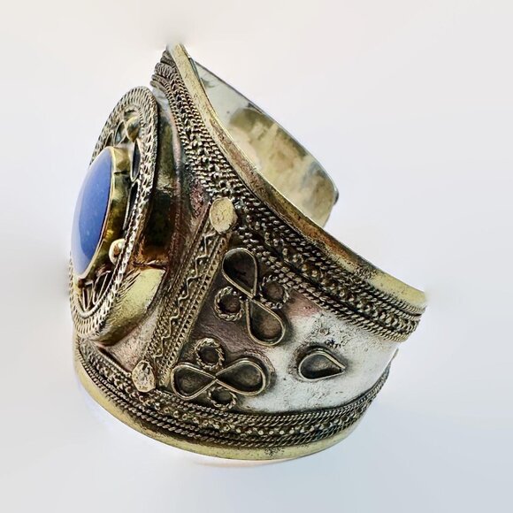 Lapis Bracelet, Afghan, Middle Eastern, Kuchi Jewelry, Wide, Silver, Brass - Picture 4 of 6